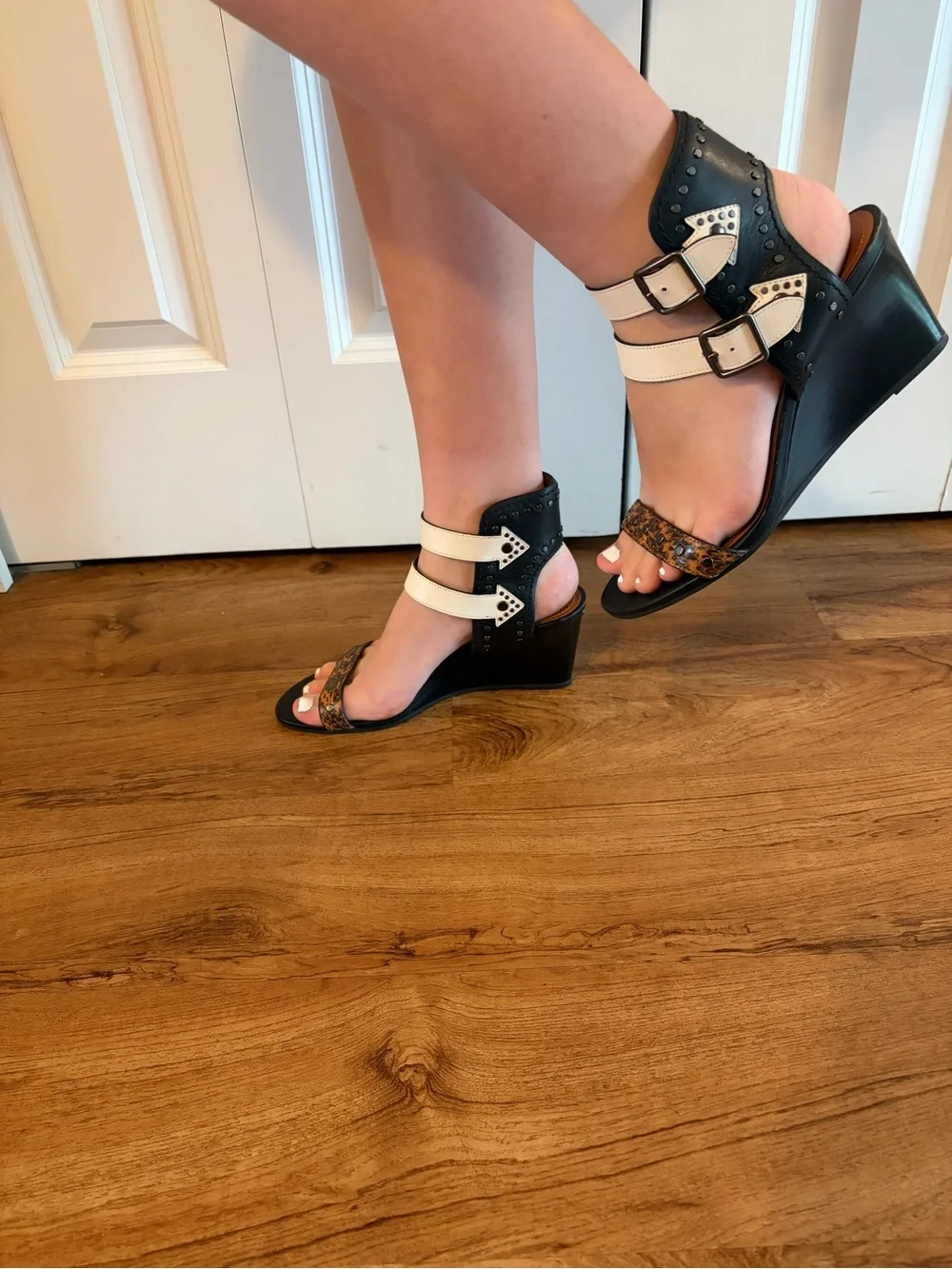 Coach Black Wedge Sandals with Cream Straps and Brown Accents